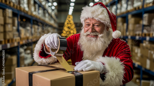 A close-up photograph of Santa Claus taping a cardboard box in a warehouse setting.