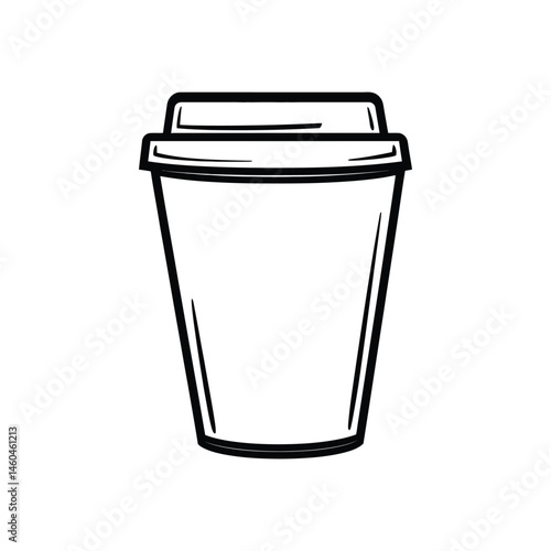 Coffee cup disposable container with lid in black outline over transparent background