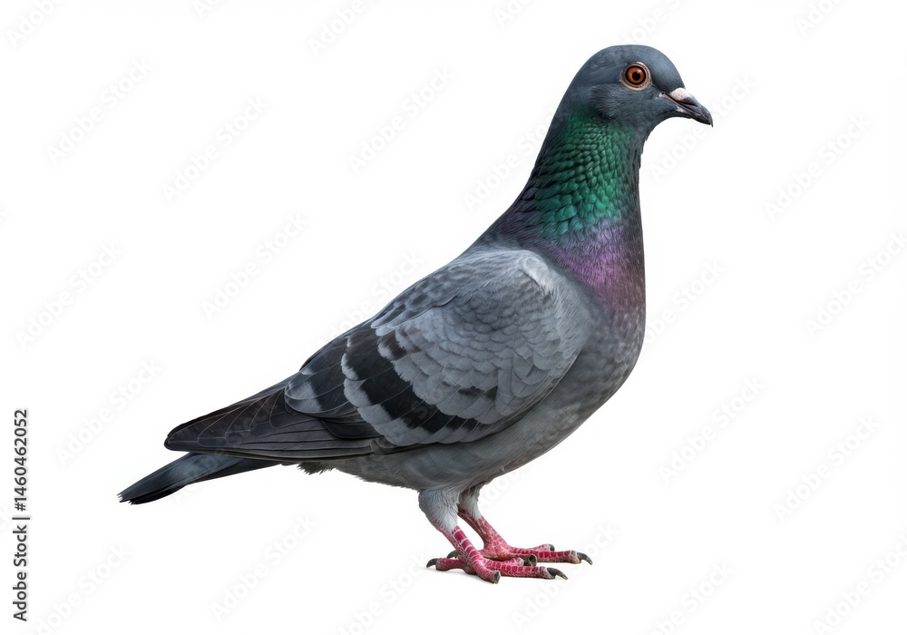 Fototapeta premium A pigeon standing with its feathers puffed out isolated on white background