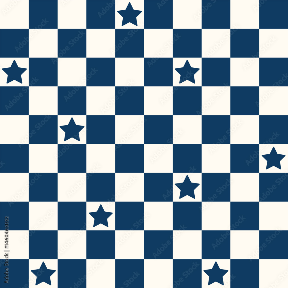 Fototapeta premium Geometric background. Checkered seamless pattern with stars. Abstract vector wallpaper. Chess board allover print for fabric, textile, paper, stationery, packaging, wrapping, polygraph