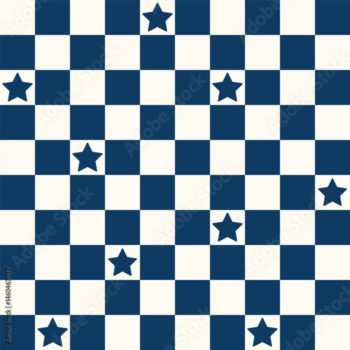Geometric background. Checkered seamless pattern with stars. Abstract vector wallpaper. Chess board allover print for fabric, textile, paper, stationery, packaging, wrapping, polygraph