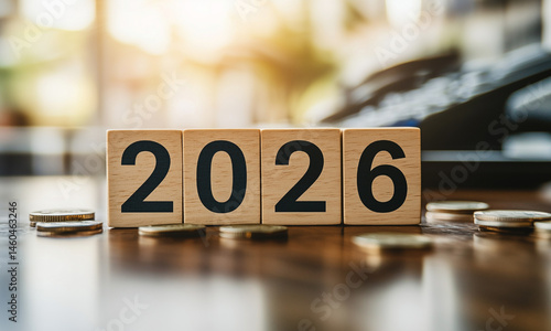 2026 Budget' spelled out on wooden blocks alongside financial elements