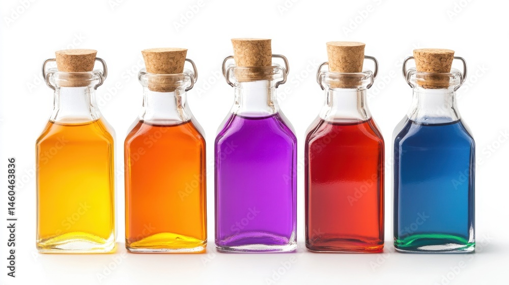Vibrant glass bottle set featuring liquids in rainbow colors, isolated on white background Vibrant glass bottle set featuring liquids in rainbow colors, isolated on white background