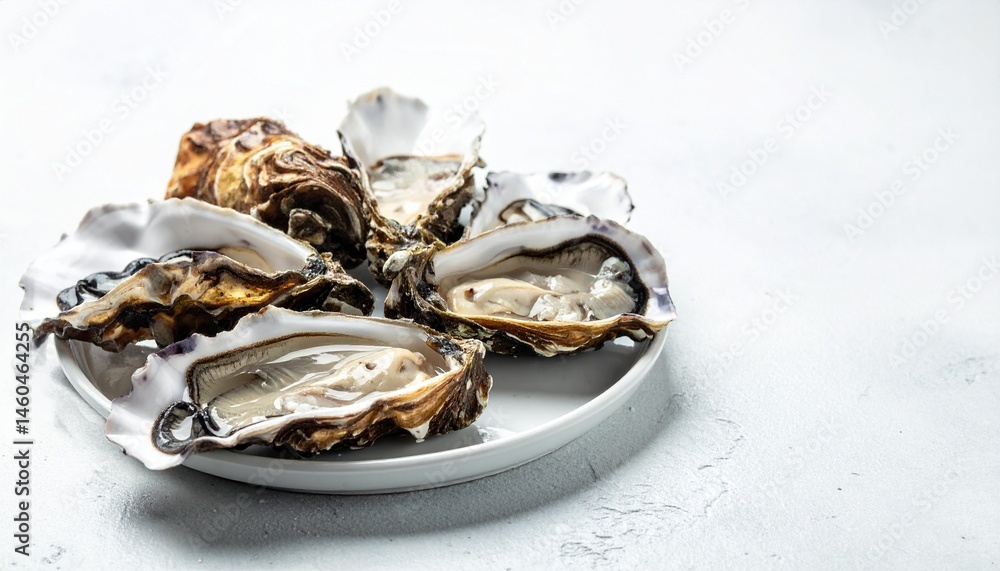 Fresh Oysters on White Plate Gourmet Seafood Delicacy Restaurant Dish Fresh Oysters on White Plate Gourmet Seafood Delicacy Restaurant Dish