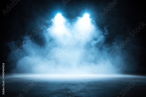 Two bright lights shine into a smoky empty room. A concrete floor leads to a dark background