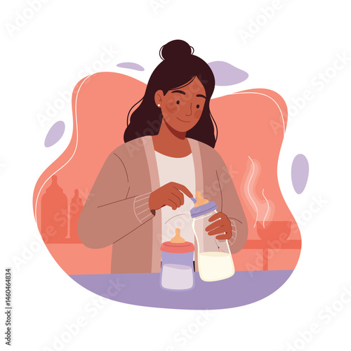 Woman preparing baby bottle with milk in cozy kitchen setting vector illustration 