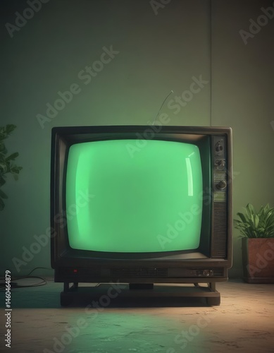 Glowing CRT screen, heavy static  Vintage TV's green tint ,  tube, vintage tv,  obsolete