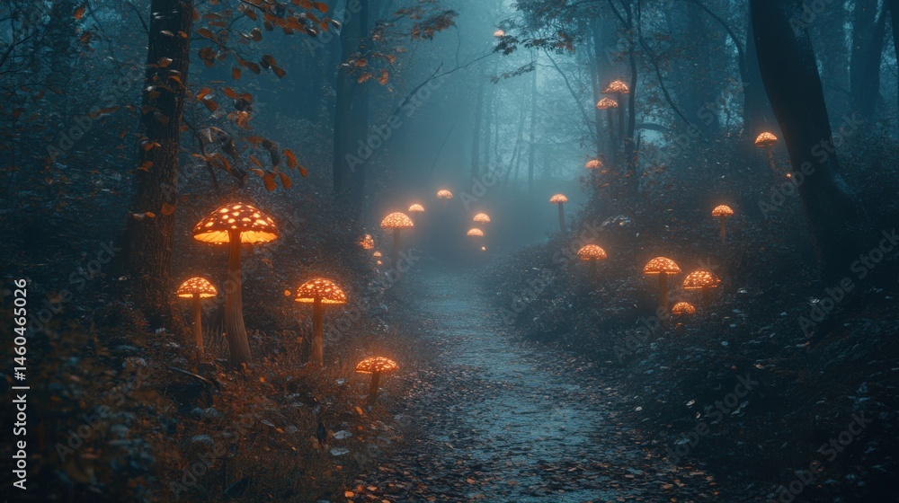 Misty forest path illuminated by glowing mushrooms. Misty forest path illuminated by glowing mushrooms.