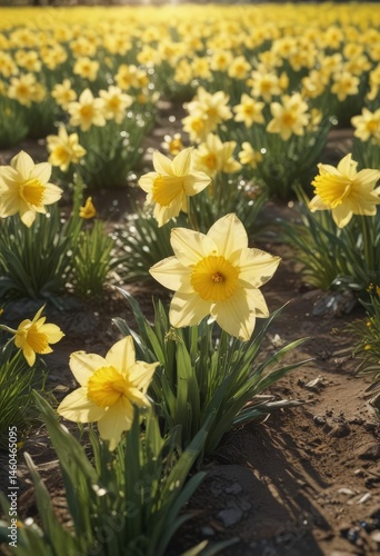Glistening daffodil petals, sunny field, full bloom ,  garden,  landscape