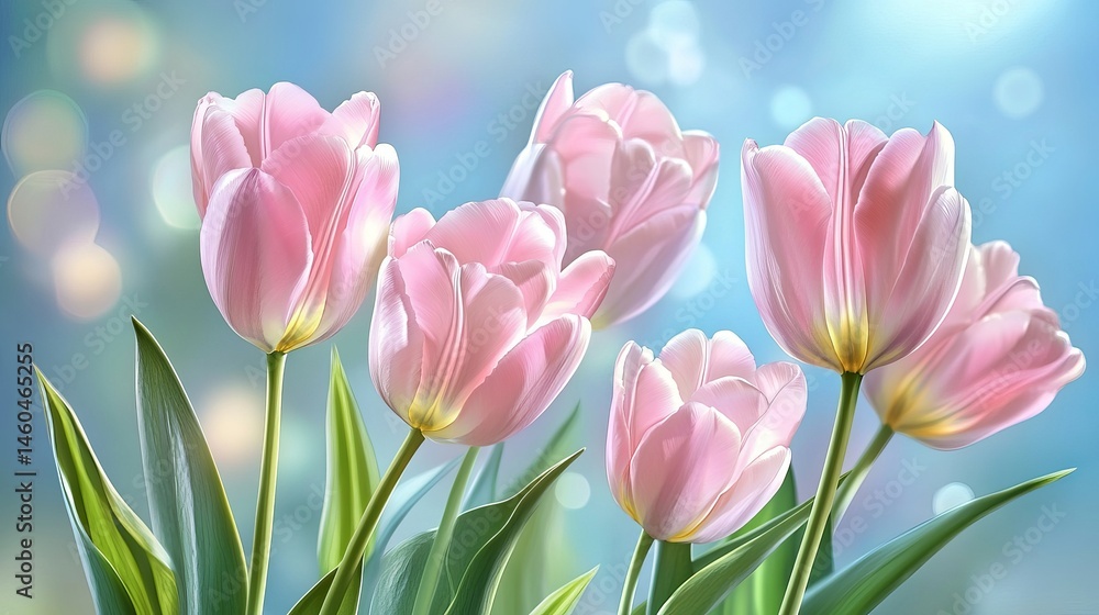 Naklejka premium Beautiful pink tulips spring flowers blossom nature image soft bloom plant macro fresh light green