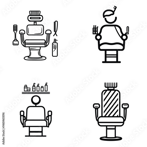 Four Barber Icon Scenes, Chair, Man Getting Haircut, Stylist Accessories, Transparent