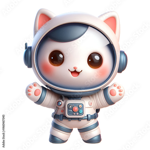 3d Cute happy cat astronaut isolated on white background, digital art