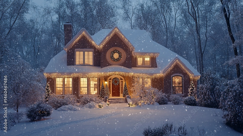 A snowy house with twinkling Christmas lights outlining its roof and windows, a glowing wreath on the door, and gentle snowfall adding to the festive magic A snowy house with twinkling Christmas lights outlining its roof and windows, a glowing wreath on the door, and gentle snowfall adding to the festive magic