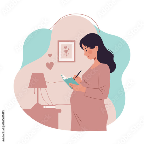 Pregnant woman writing in notebook at home with soft pastel colors and loving atmosphere for motherhood and pregnancy preparation 