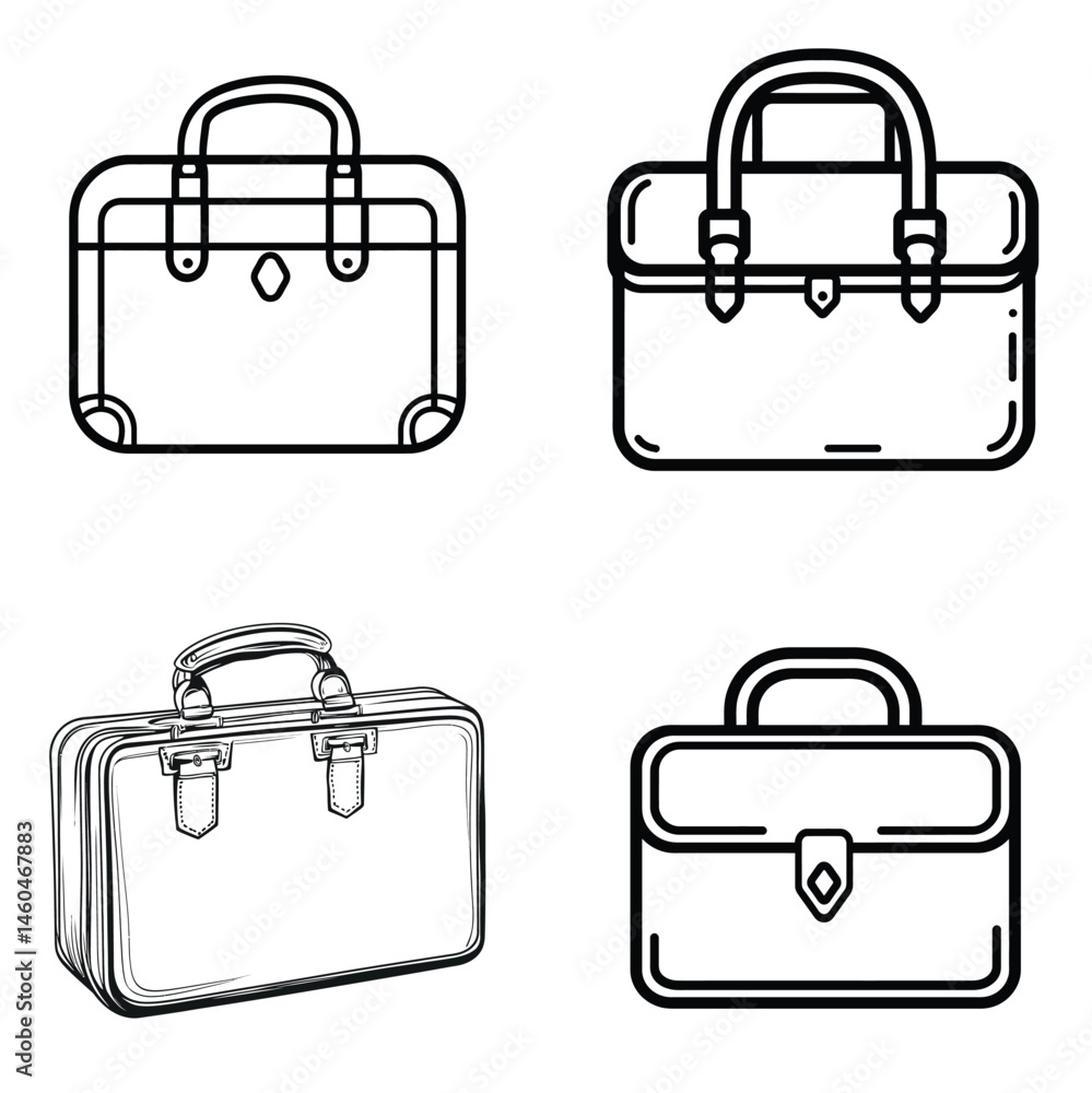 Four Business Briefcase Line Art Icons with Handles on Transparent Background Four Business Briefcase Line Art Icons with Handles on Transparent Background
