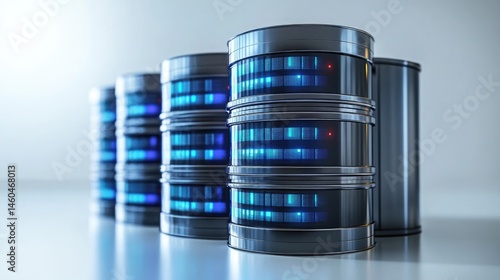 Row of database server units with glowing blue lights, on a reflective light grey background. Use for data storage, IT, or web hosting sites/blogs.