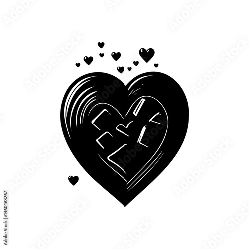 Monochrome depiction of a heart emblem with geometric and smaller heart accents