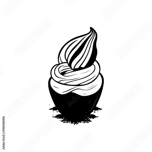 Stylized monochrome illustration of a creamy soft serve dessert on black base