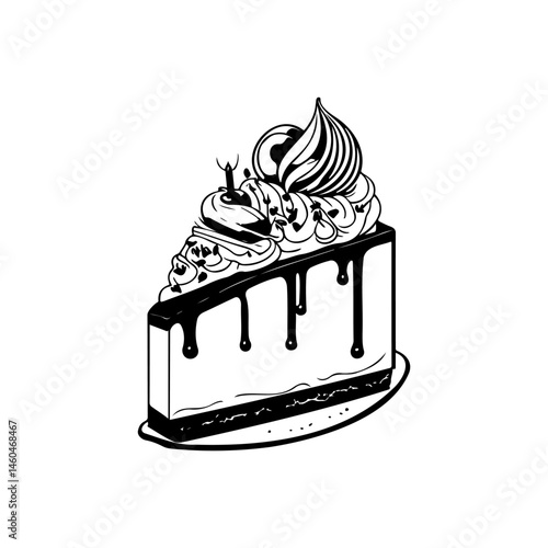 Elegant monochrome illustration of a frosted layered cake slice with toppings