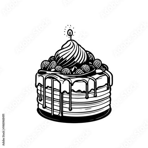 Monochrome delineation of a decadent layered cake, adorned with candle and berries