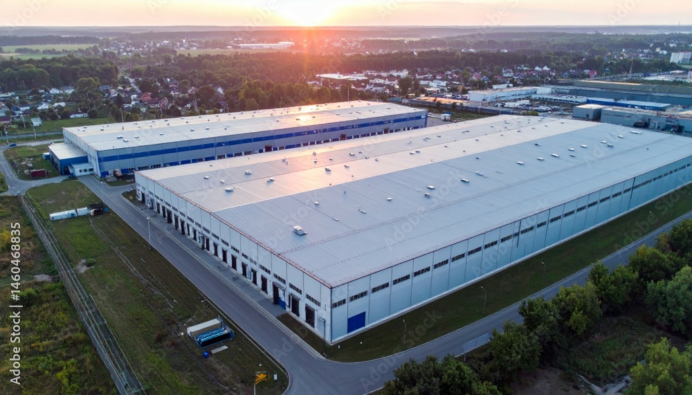 Fototapeta premium Aerial View of Modern Industrial Warehouse Complex at Sunset