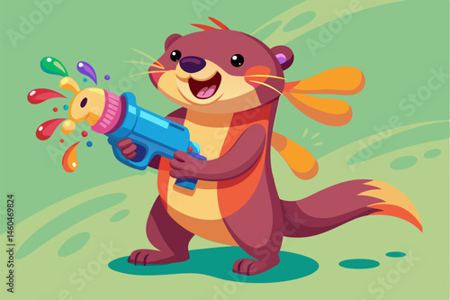 Cute otter joyfully sprays water with a toy water gun.