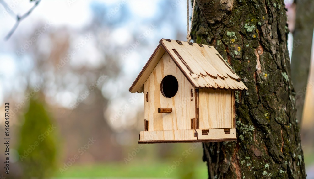 Charming Wooden Birdhouse Hanging on a Tree Branch in Nature Charming Wooden Birdhouse Hanging on a Tree Branch in Nature