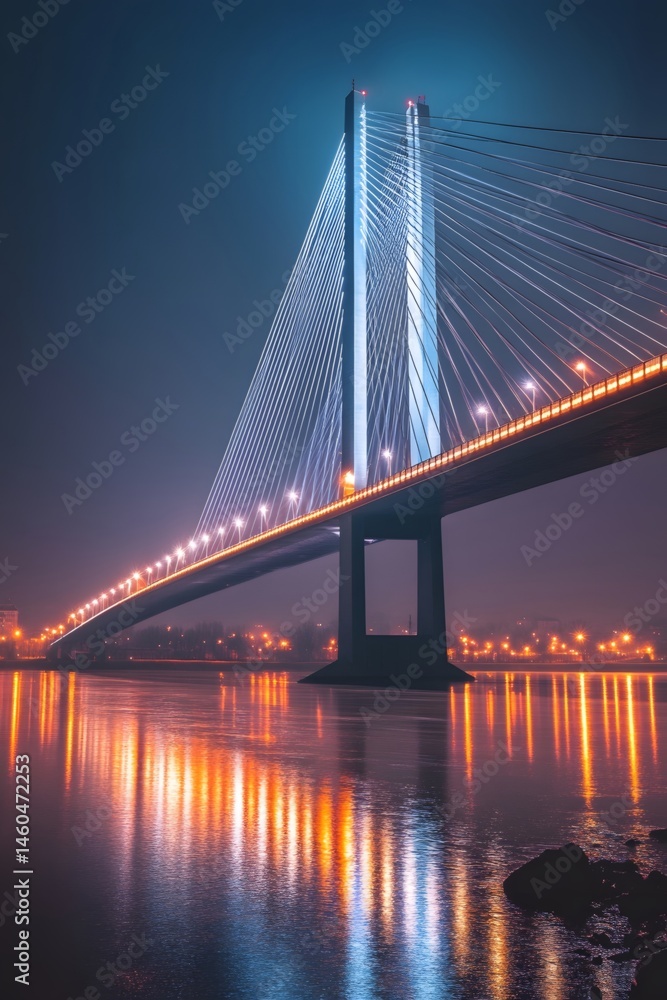 Obraz premium A modern steel cable bridge with dazzling lights under the night sky