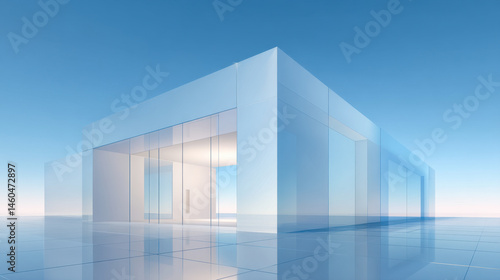 Fototapeta Naklejka Na Ścianę i Meble -  Minimalist white building with clear glass walls, simple geometric shapes