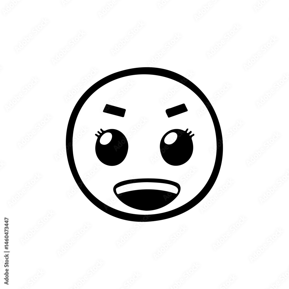 Naklejka premium Stylized Animated Emoticon with Expressive Eyes and Open Mouth, Black and White Design