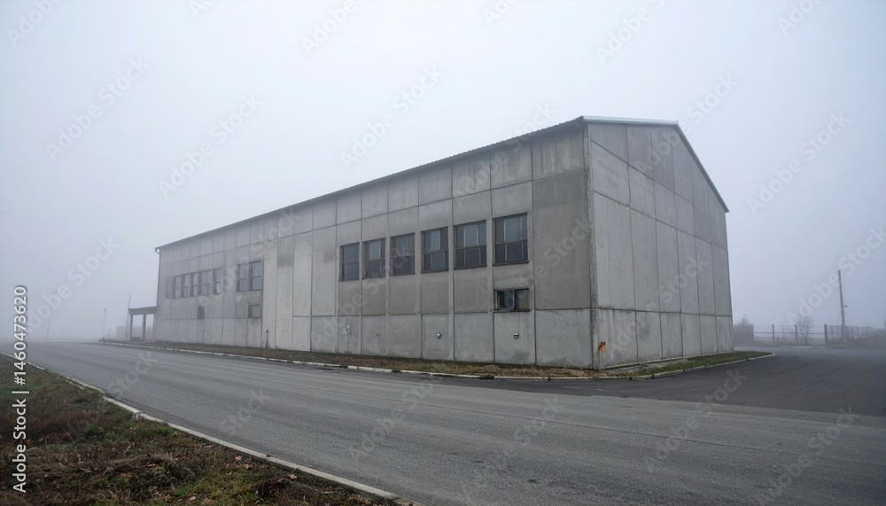 Industrial Building in Foggy Weather on Empty Roadside Setting Industrial Building in Foggy Weather on Empty Roadside Setting