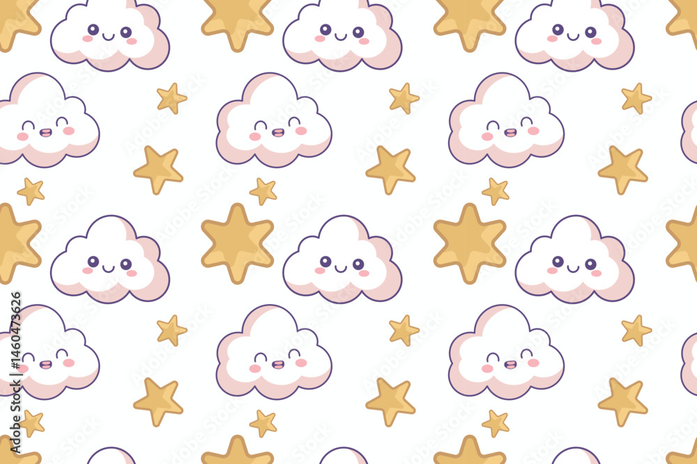 Cute Kawaii Cloud and Star Seamless Pattern. Adorable kawaii cloud and star seamless pattern perfect for baby products, kids fabric, and cute backgrounds. eps10 Cute Kawaii Cloud and Star Seamless Pattern. Adorable kawaii cloud and star seamless pattern perfect for baby products, kids fabric, and cute backgrounds. eps10