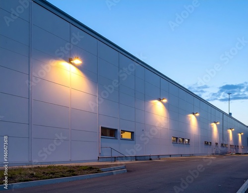 Modern Industrial Building Facade at Dusk with Street Lights