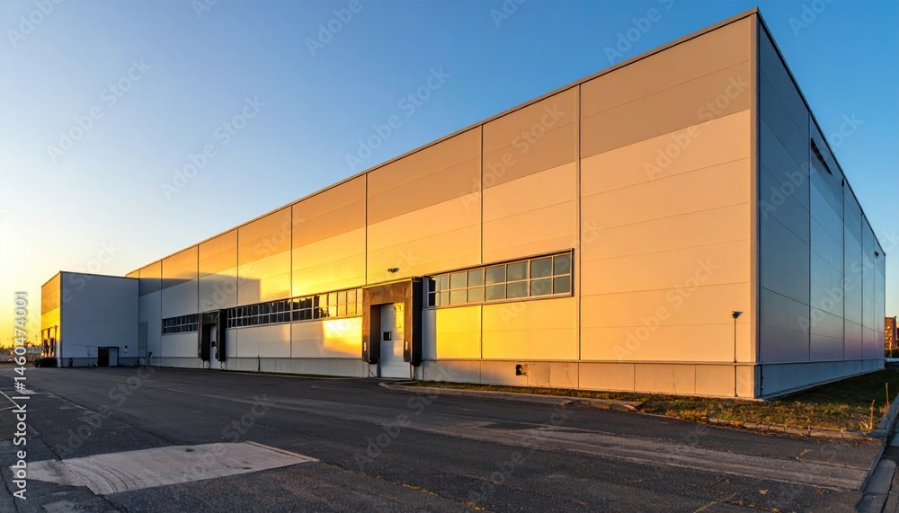 Obraz premium Modern Industrial Building with Sunset Reflection on Exterior Walls