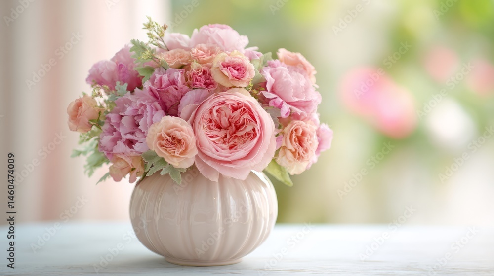 Obraz premium Pink peonies and roses in a ceramic vase, soft pastel background - Elegant floral harmony in gentle light 