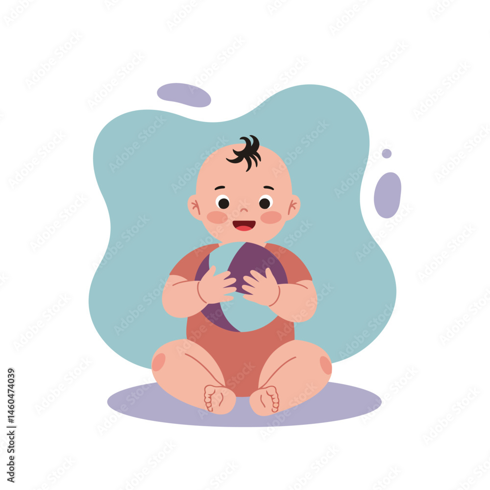 Baby holding purple ball sitting on floor with blue background vector illustration Baby holding purple ball sitting on floor with blue background vector illustration