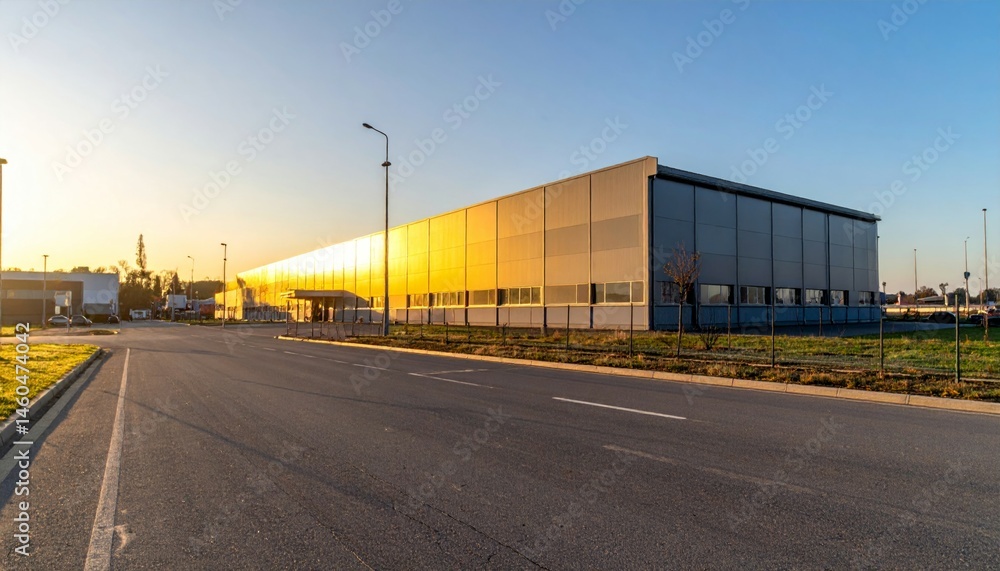 Obraz premium Modern Industrial Building with Sunset Reflection and Clear Road