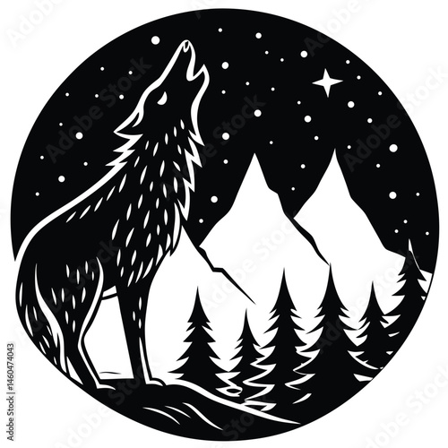 Silhouette of a Howling Wolf in a Mountain Landscape