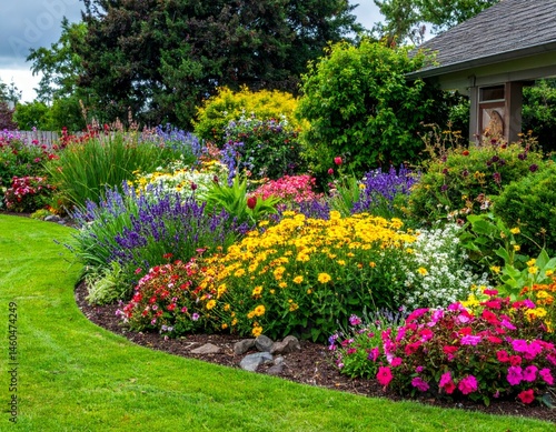 Vibrant Flower Garden with Colorful Blooms in Residential Landscape