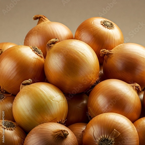 Close-up of a pile of fresh, golden yellow onions on a neutral background. Essential ingredient for cooking and flavoring various dishes.