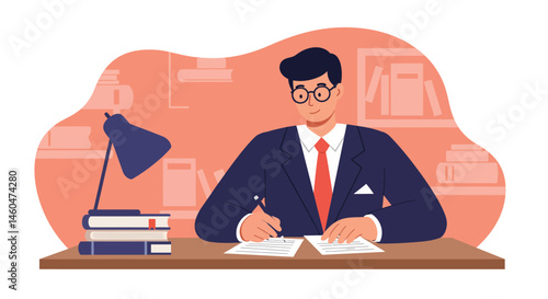 Businessman wearing glasses writing documents at desk with lamp and books in office vector illustration 