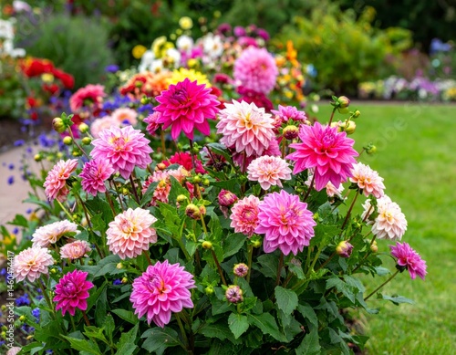 Vibrant Pink and White Dahlia Flowers in Bloom at Garden Landscape