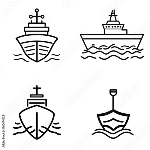 Four Liner Art Ships Silhouette Modern Warship, Ancient Boat Icons on Transparent Background