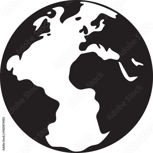 black and white globe, simplified world map, Earth illustration, minimalist design, high contrast, vector graphic style, spherical planet, continents silhouette, global icon, cartographic representati