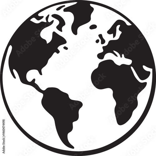 black and white globe, simplified world map, Earth illustration, minimalist design, high contrast, vector graphic style, spherical planet, continents silhouette, global icon, cartographic representati