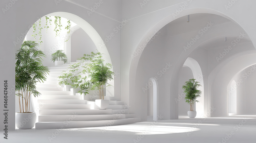 White interior with arched walls and a staircase, decorated with green plants. Minimalist architectural concept White interior with arched walls and a staircase, decorated with green plants. Minimalist architectural concept