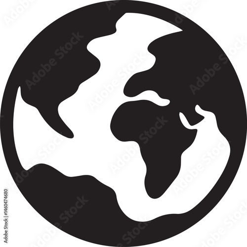 black and white globe, simplified world map, Earth illustration, minimalist design, high contrast, vector graphic style, spherical planet, continents silhouette, global icon, cartographic representati