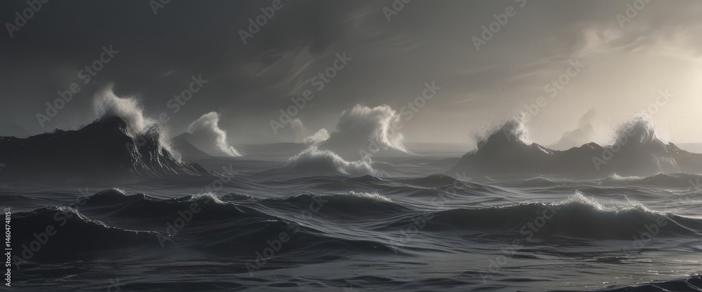 Obraz premium Ethereal mist rises from inky black ocean waves, soft focus , ominous, fog