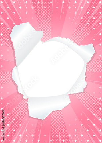 サンバーストと穴の空いた紙の背景素材、ハーフトーンのドット、キラキラのパターン、集中線、縦向き、フレーム