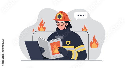 Firefighter wearing protective uniform reading fire safety manual with flames in background vector illustration 